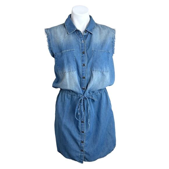 Spoon Chambray Dress Coastal Cowgirl Button Front Denim Shirt Dress Size Large - Picture 14 of 14
